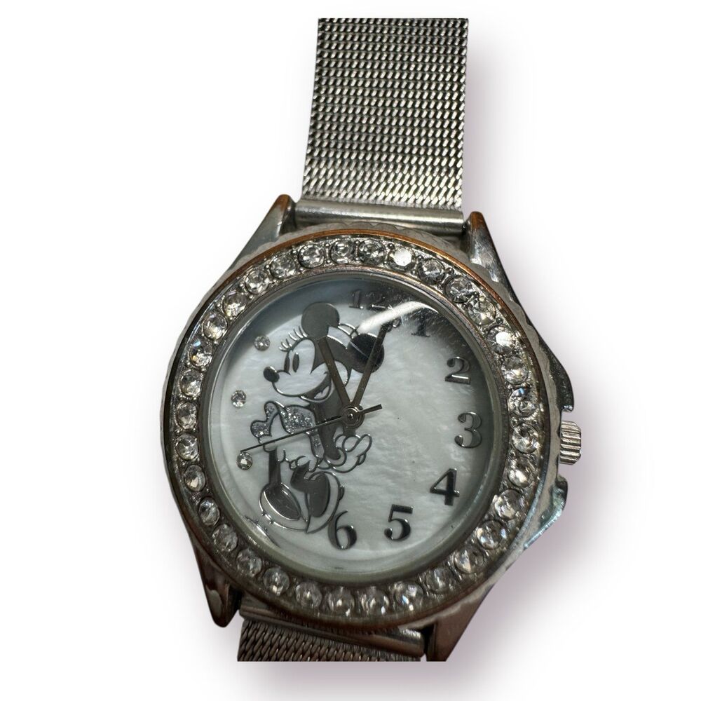 Disney Accutime Quartz Wristwatch Minnie Mouse CZ Bezel Steel Mesh Band MN2074CV